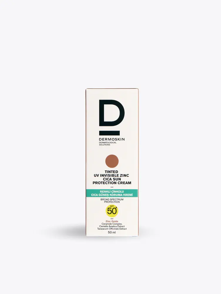 Dermoskin SPF 50+ | UVA - UVB | Tinted UV İnvisible Zinc Cica Sun Protection Cream  Renkli Çinkolu Cica Güneş Koruma Kremi 50 ML