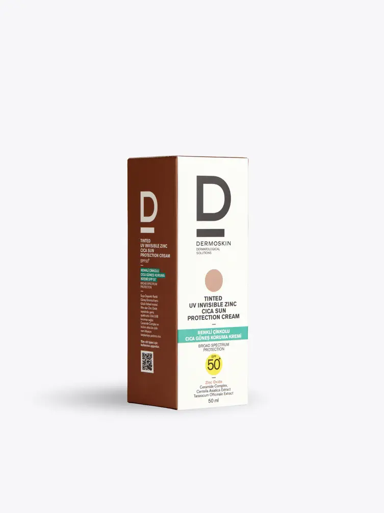 Dermoskin SPF 50+ | UVA - UVB | Tinted UV İnvisible Zinc Cica Sun Protection Cream  Renkli Çinkolu Cica Güneş Koruma Kremi 50 ML